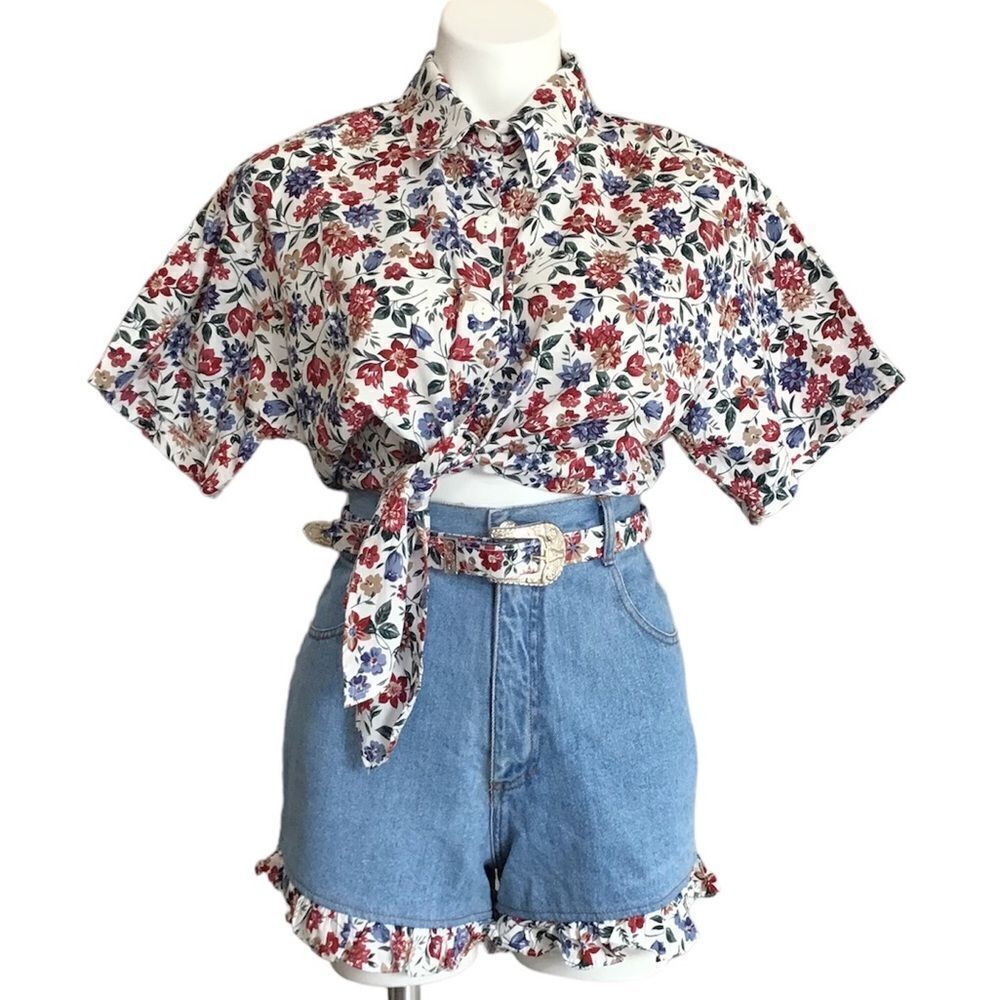 Vintage 2-Piece Matching Jean Shorts Crop Top Outfit Set By Concept Designs L/13